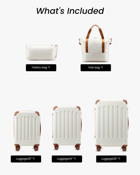 YOETEY luggage set: white hardside suitcases with brown trim (20/24/28 in) plus two accessory bags; Amazon