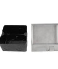 Recessed Floor Power Outlet Box With Snap Open Lift Cover, Tough Steel Housing For No Sweat Cord Access And Smooth Glide Action, showing stainless steel cover and black housing.