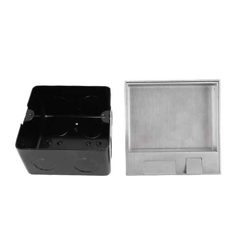 Recessed Floor Power Outlet Box With Snap Open Lift Cover, Tough Steel Housing For No Sweat Cord Access And Smooth Glide Action, showing stainless steel cover and black housing.
