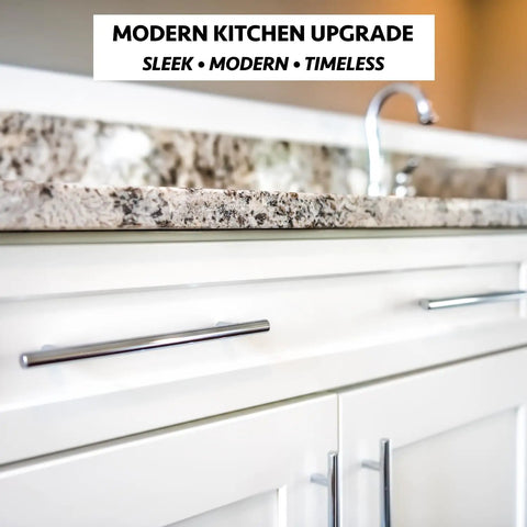 Heavy Duty Solid Stainless Steel Bar Pulls 25 Pack Satin Nickel Finish Euro Style Cabinet Drawer Handles on white cabinets
