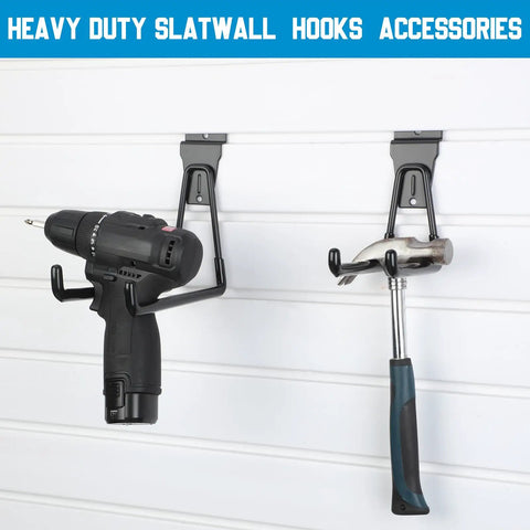 Drill and hammer on 36 Piece Slatwall Hooks And Hangers Set With Heavy Duty Slat Wall Hooks And 4 Storage Straps for garage wall organization.