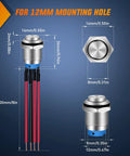 12mm Push Button Switch Kit 5 Pack With Pre Wired Harness LED Latching Round SPDT 4 Pin Waterproof Stainless Steel dimensions