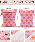 Front and back view of Coral Pink Polka Dot Wet Bag and Dry Bag for Beach and Pool Waterproof with handle, detailing and dimensions.