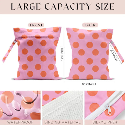 Front and back view of Coral Pink Polka Dot Wet Bag and Dry Bag for Beach and Pool Waterproof with handle, detailing and dimensions.