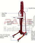 Easy Roll Manual Winch Stacker Work Positioner Lift Truck with steel frame, 9/16 inch polyurethane platform, and swivel wheels.