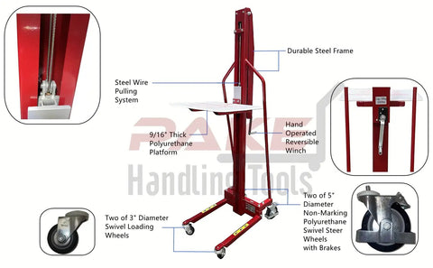 Easy Roll Manual Winch Stacker Work Positioner Lift Truck with steel frame, 9/16 inch polyurethane platform, and swivel wheels.