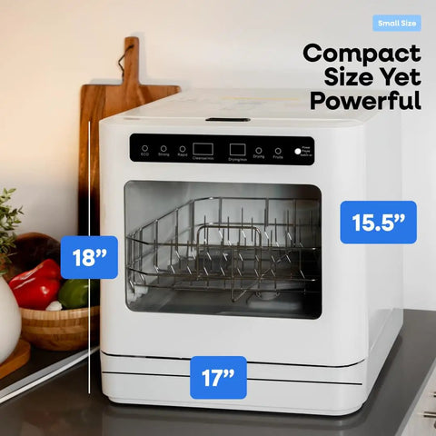Portable Countertop Dishwasher With Five Wash Programs And Straight Setup Faucet Hookup Ideal For Small Apartments Dorms And Motorhome Cabins features controls and dimensions.