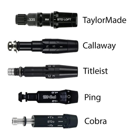 Golf driver shaft adapters for TaylorMade, Callaway, Titleist, Ping, and Cobra.