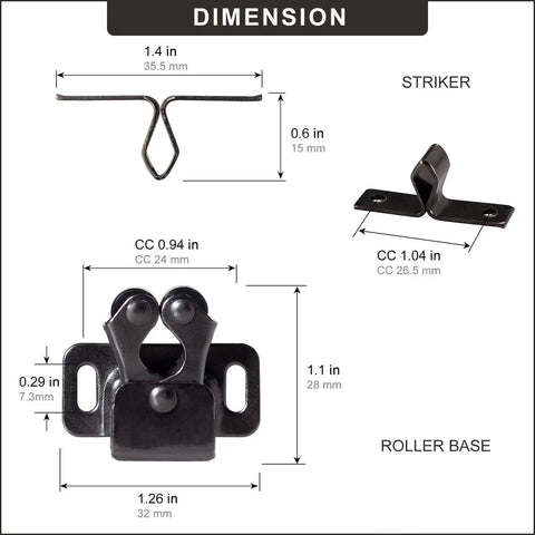 Diagram showing dimensions of 2 Pack Cabinet Latch Double Roller Catch Hardware For Cupboard And Closet Doors Black Nickel Finish
