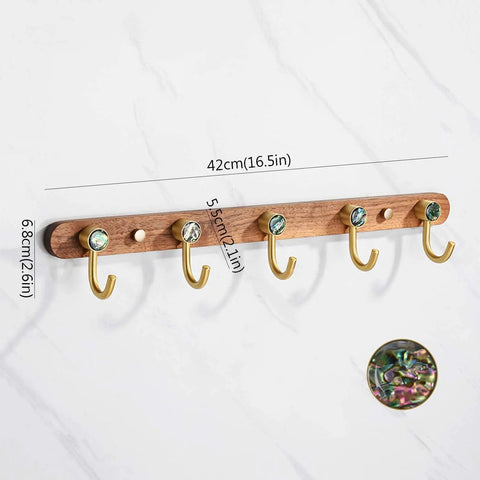 Rock Solid Wall Mounted Coat Rack With Five Heavy Duty Hooks And Natural Wood Base, size 42cm, holds coats and hats.
