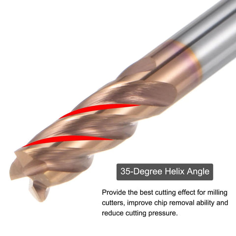 Close-up of 35-degree helix angle on Five Piece 3Mm Square Nose End Mills Set With 3Mm Shank, 4 Flutes, HRC55 Carbide AlTiN Coated