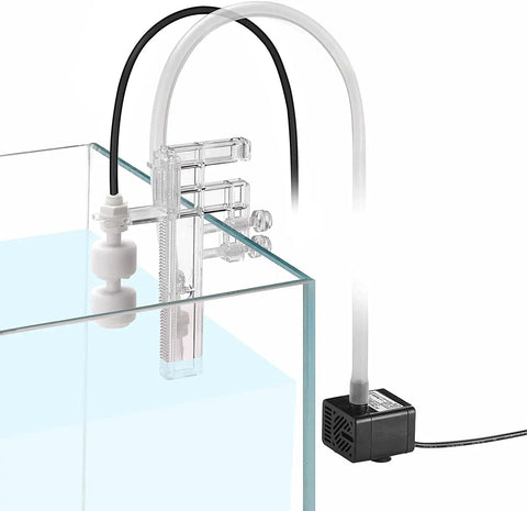 Automatic Top Off System For Aquarium With Pump Smart ATO Water Refiller installed on glass fish tank with visible pump and tubes.