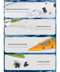 Close-up of 2.4G RC Kayak With Paddling Propulsion And Anti Capsize Design features, including balance bar and double propeller.