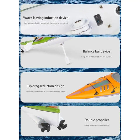 Close-up of 2.4G RC Kayak With Paddling Propulsion And Anti Capsize Design features, including balance bar and double propeller.