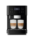 Sleek Fully Automatic Coffee And Espresso Machine With Silent Steel Grinding Chamber For Killer Cup Creations And Rich Silky Milk Foam For Serious Home Baristas with two coffee drinks.