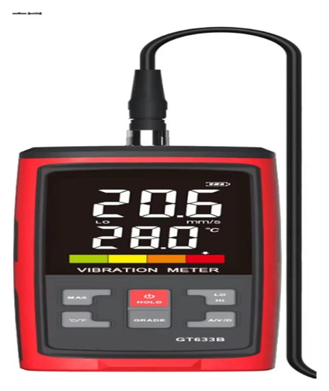 GT633B Pro Grade Vibration Meter for Rotating and Reciprocating Machinery, Ultra Accurate Displacement, Velocity, and Acceleration Readings, Portable Handheld Diagnostic Tool for Motors, Pumps, Fans, and Compressors. Red handheld vibration meter with display