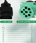 Close-up of 16 Pin OBD II to 9 Pin J1939 cable showing connectors for heavy-duty trucks, ELD Ready, GPS Enabled, Green Type 2