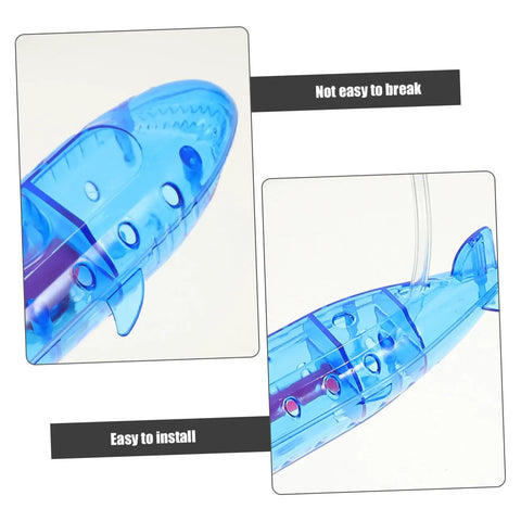Close-up of blue plastic Submarine RC Drone Buoyancy Demo Toy for kids showing detailed body design with installation notes.