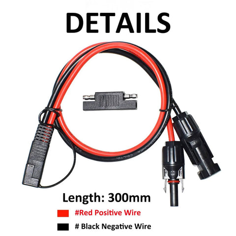 Beefy 1Ft MC4 To SAE Solar Adapter Cable With Polarity Reverse Connector displayed with red and black wires, 300 mm length.