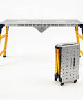 Heavy Duty Portable Welding Table, 65 Inch Wide Adjustable Workbench With Smooth Casters, collapsed for easy storage.