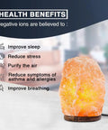 Two Pack Himalayan Salt Lamps Set, 6 To 8 Inches Tall, glowing warmly with health benefits list, on a wooden base