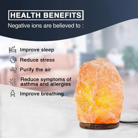Two Pack Himalayan Salt Lamps Set, 6 To 8 Inches Tall, glowing warmly with health benefits list, on a wooden base