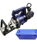 Heavy Duty Portable Electric Rebar Cutter Workhorse With Raw 3000 Watt Copper Motor For Smooth Steel Bar Shearing Up To 32 Millimeters, close-up view with blue carrying case.