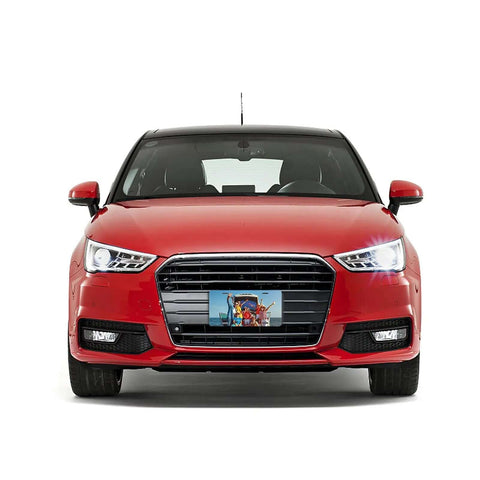 Red car with 10 Pack Sublimation License Plate Blanks White Aluminum Front Plates For DIY Custom Design Heat Transfer Compatible Front License