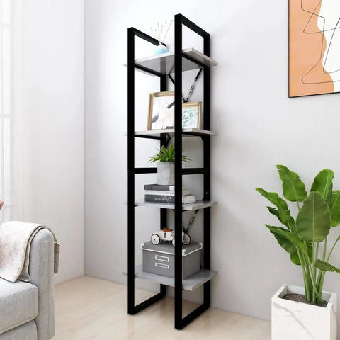 Industrial 4 Tier Book Cabinet 55.1 Inch Tall Open Shelves Display Rack In Concrete Gray And Black Engineered Wood For Living Room