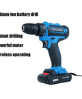 Heavy Duty 21V Brushless Cordless Drill Set With Badass Torque Two Speed Modes And Complete Screwdriver Bits For Concrete Metal Chores And Rapid Pro Diy Builds Today, blue lithium-ion battery drill with powerful motor.