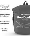 Roo Double Hammock With GravitasX Water Resistant Breathable Ripstop Fabric pack in grey bag with feature icons