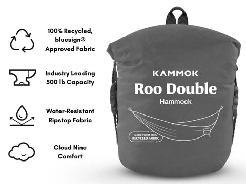 Roo Double Hammock With GravitasX Water Resistant Breathable Ripstop Fabric pack in grey bag with feature icons