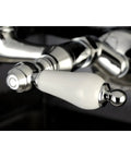 Close-up of handle on Vintage 6 Inch Adjustable Center Wall Mount Kitchen Faucet In Polished Chrome With Drip-Free Ceramic Disc