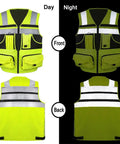 High Visibility Reflective Safety Vest With Heavy Duty Construction And Plenty Of Pocket Space For Tools On Any Job Site Hella Bright Orange Unisex Work Vest In Three X Large Size shown from front and back during day and night.