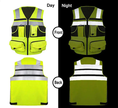 High Visibility Reflective Safety Vest With Heavy Duty Construction And Plenty Of Pocket Space For Tools On Any Job Site Hella Bright Orange Unisex Work Vest In Three X Large Size shown from front and back during day and night.