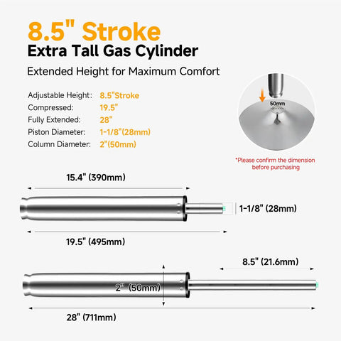 Diagram of Beefed Up Heavy Duty 1000 Lbs Gas Lift Cylinder Replacement with 8.5-inch stroke and 19.5 to 28 inch height for bar stools and chairs.