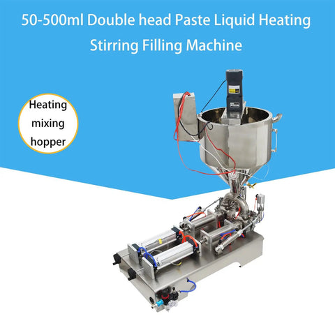 Heavy Duty Double Head Piston Liquid Filling Machine With Heating Stirrer And Mixer For Thick Pastes Cream Oil Chili Sauce Crushing 50 To 500 Ml Batches 110V Built Different Gear with stainless steel mixing hopper.