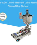 Top Shelf Pneumatic Piston Filler With Dual Stainless Steel Nozzles And Heating Stirring System Smooth No Drip Nonsense Liquid Paste Machine For Honey Cream Lotion Oil Cosmetics 110V image of double head paste liquid filling machine with heating hopper.