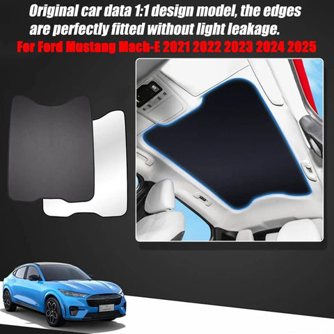 Blazeray sunshade for Ford Mustang Mach-E (2021–2025), foldable black glass-roof shade, installed interior view.