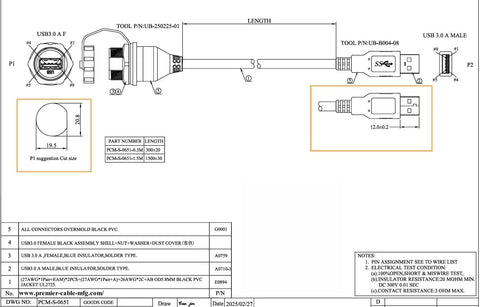 Technical drawing of Rugged IP67 USB 3.0 A Male To Female Bulkhead Panel Mount Extension Cable 0.3M Waterproof Cap 5Gbps