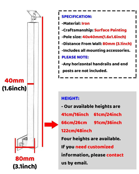 Heavy Duty Metal Staircase Balusters Side Mount Railing Kit Hella Sturdy Iron Posts With Fresh Gold Coating and Full Height Adjustments dimensions and specs.