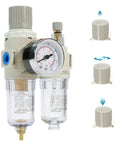 One Quarter Inch NPT Air Filter Regulator Lubricator Combo With Pneumatic Air Dryer For Compressor Water And Oil Trap Separator With Gauge 0-150 PSI Semi Auto Drain And Bracket Mount Easy Setup