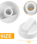 Rock Solid Universal White Oven Control Knobs 4 Pack With 12 Adapters Built Tough showing size of 1.6in and inner diameter of 0.46in.