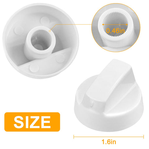 Rock Solid Universal White Oven Control Knobs 4 Pack With 12 Adapters Built Tough showing size of 1.6in and inner diameter of 0.46in.