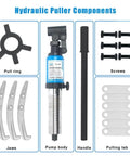 Hydraulic puller components including pull ring, pump body, jaws, handle, screws, and pulling tabs for Pro Level 15 Ton Hydraulic Bearing Gear Puller.