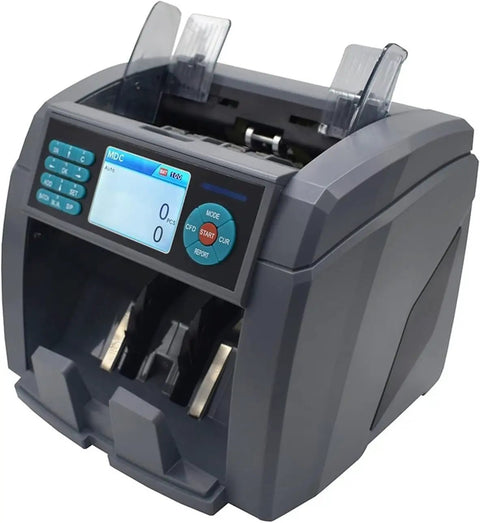 Heavy Hitter Mixed Denomination Money Counter Machine With Smart Counterfeit Detector, gray, with digital display and operation controls.