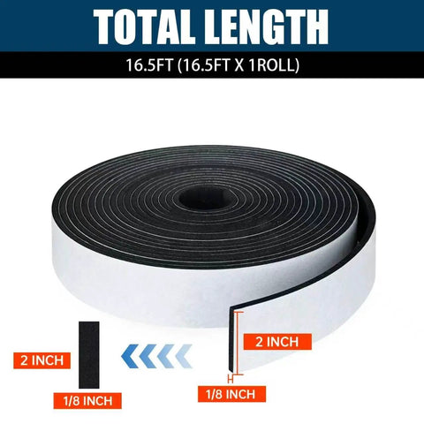 2 In X 1 8 Inch Thick Foam Weather Stripping Tape Single Sided Adhesive Seal in a roll, showing dimensions for sealing gaps.