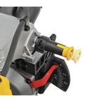 Close-up of Top Tier 12 Inch Corded Compound Miter Saw featuring Slick Slide Fence, showing angle adjustment mechanism.
