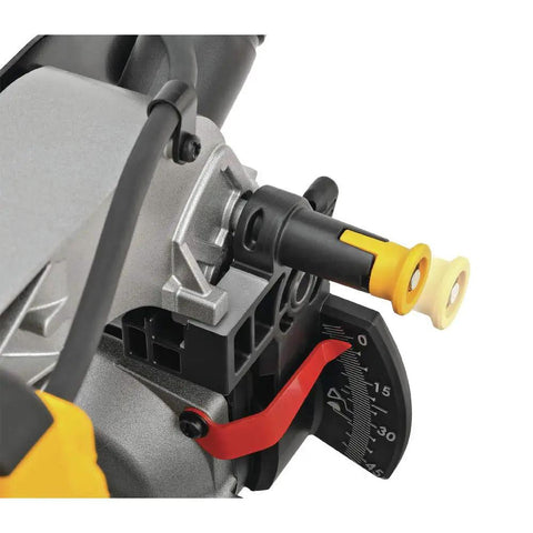 Close-up of Top Tier 12 Inch Corded Compound Miter Saw featuring Slick Slide Fence, showing angle adjustment mechanism.