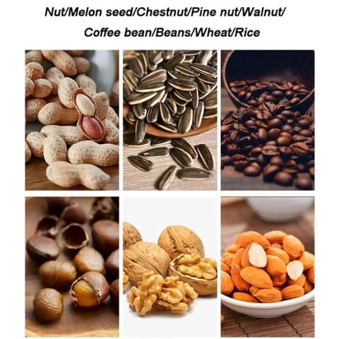 Variety of nuts and seeds including peanuts, walnuts, coffee beans, and almonds for use with the Badass Stainless Electric Nut Roaster.